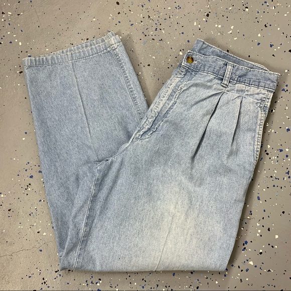 Vintage 80s Light Blue Pleated Trouser Jeans High Waist Crop Leg Distressed 12 - Picture 10 of 11
